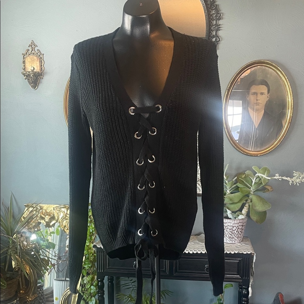 Buckle Black Lace-Up V-Neck Sweater